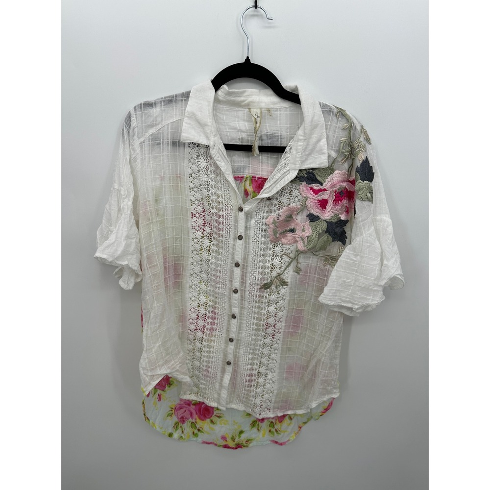 Aratta Silent Journey Anthropologie White Cream Embroidered Button Front Shirt M